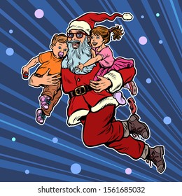 Santa Claus with children. Christmas and New year. Pop art retro vector illustration kitsch vintage