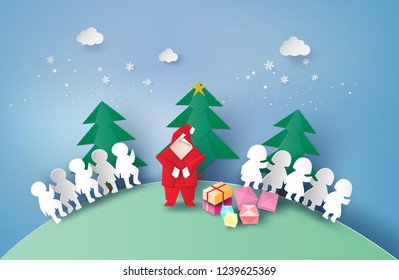 Santa claus with children are holding hands and gift boxs,fir-tree origami,vector illustration paper art  3D style. 