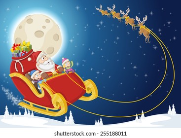 Santa Claus and children on sleigh with reindeer flying on christmas night 