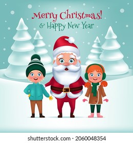 Santa Claus with children on winter frozen forest background. Christmas greeting card. Vector illustration in cartoon style