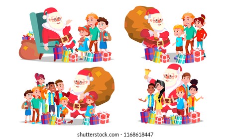 Santa Claus With Children Set Vector. Cheerful Children. December Eve Celebrating. Merry Christmas And Happy New Year. Poster, Advertising Template. Isolated Cartoon Illustration
