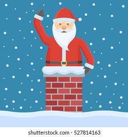 Santa Claus in the chimney. Christmas flat style vector illustration.