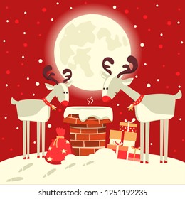 Santa Claus in the chimney with deers in the Christmas winter night. Merry christmas card illustration