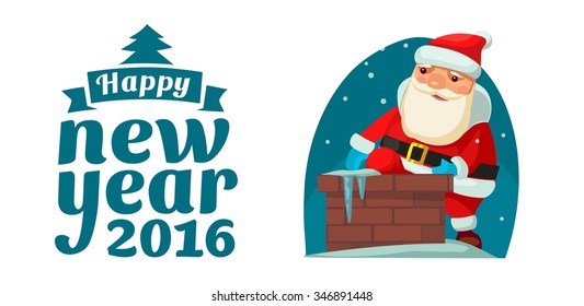 Santa Claus in the Chimney. Flat vector illustration for New Year and Merry Christmas.