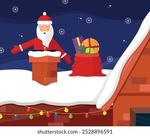 Santa Claus in the chimney and with gifts on the roof of the house. Vector illustration.