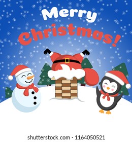 Santa Claus in the chimney. Holiday card . Merry Christmas! Winter landscape.
