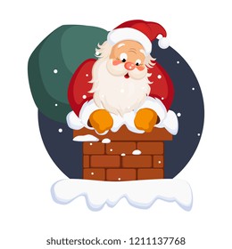 Santa Claus in Chimney on Christmas Eve. Winter Vector