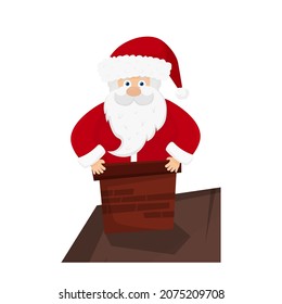 Santa Claus in Chimney on Christmas Eve. Winter Vector Illustration