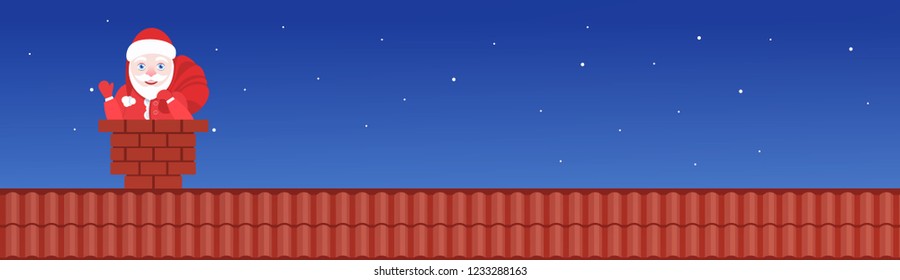 santa claus in chimney on roof merry christmas happy new year concept flat portrait horizontal banner vector illustration