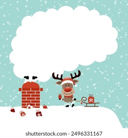 Santa Claus In Chimney And Reindeer With Sleigh Roof Snow Turquoise Dark Red