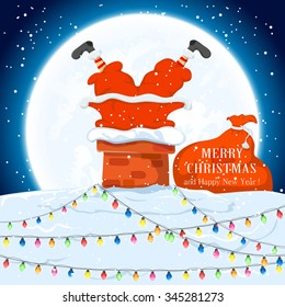 Santa Claus in the chimney and sack of gifts on the roof with Christmas lights,  illustration.