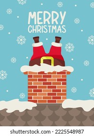 Santa Claus in the chimney, stylish postcard. Merry Christmas. Vector illustration