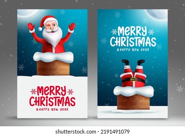 Santa claus in chimney vector poster set. Merry christmas text with santa claus character in playful and friendly collection for xmas eve celebration design. Vector illustration.
