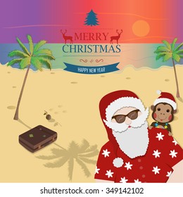 Santa Claus and Chinese Zodiac Monkey on tropical island.  Happy New Year and Merry Christmas wishes. Greeting card. Cartoon Character. Vector.