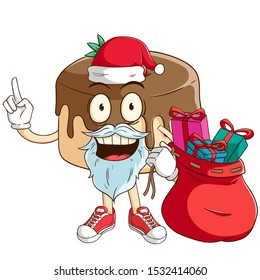Santa claus of chocolate pudding cartoon character carry a bag full of gift box with funny smile face