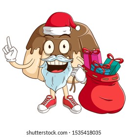 Santa claus of chocolate pudding or jelly cartoon character carry a bag full of gift box with funny smile face