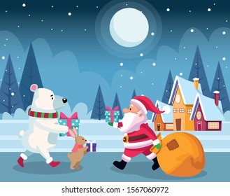 santa claus and christmas animals with gift boxes over winter night background, colorful design , vector illustration