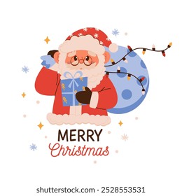 Papai Noel com saco de Natal e letras de Ano Novo. Personagem Xmas bonito carregar grande saco de presentes no ombro com guirlanda. Ilustração de vetor plano isolada no plano de fundo branco