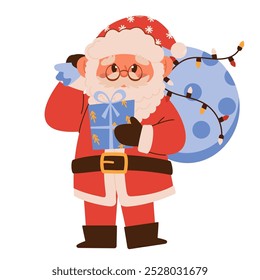 Santa Claus with Christmas bag and present. Cute Xmas character carry big sack of gifts on shoulder with garland. Flat vector illustration isolated on white background