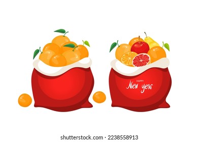 Santa Claus Christmas bags with tangerines, oranges, apples, grapefruits.An element of New Year greetings. Vector illustration.