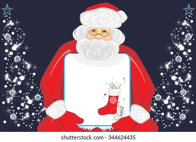Santa Claus with Christmas banner in hands. Vector