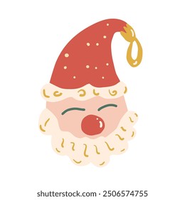 Santa Claus Christmas bauble. Happy New Year retro design. Vector hand drawn flat illustration isolated on white background.