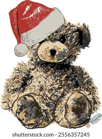 Santa Claus Christmas Bear with brown fur and red hat 