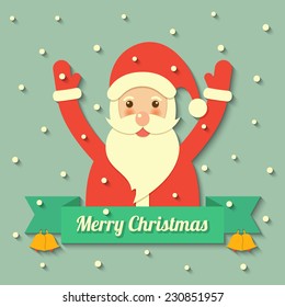 Santa Claus with Christmas bell hanging on green ribbon badge with snow background. vector.