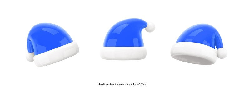 Santa Claus Christmas Blue Hat Set. Christmas and New Year design element of traditional costume. Realistic 3d mocup design element in cartoon style. Icons isolated on white. 3D Vector illustration