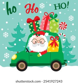 Santa Claus in Christmas Car For Christmas Card or Bag design