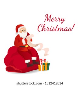 Santa Claus. Christmas card. Funny cartoon Santa Claus with a huge red bag with gifts. Santa Claus for Christmas and New Year posters, gift tags and stickers.