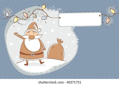 santa claus christmas card, funny vector cartoon illustration, free label for your text