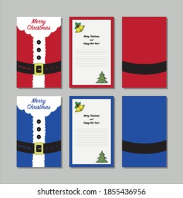 Santa Claus Christmas card with red and blue versions - front, back and inside with space to write Christmas message - Merry Christmas and Happy New Year