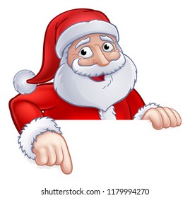 Santa Claus Christmas cartoon character above a sign pointing at it