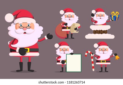 Santa claus christmas cartoon character set holding christmas elements and objects vector illustration.
