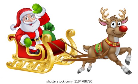 Santa Claus Christmas cartoon character riding in his sleigh pulled by a reindeer