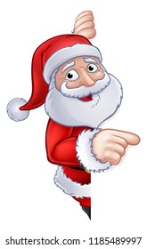 Santa Claus Christmas cartoon character peeking around a sign and pointing