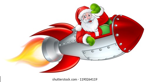 Santa Claus Christmas Cartoon Character Riding In Rocket Ship Sleigh 