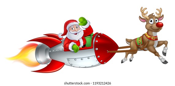 Santa Claus Christmas cartoon character riding in rocket ship sleigh pulled by a reindeer