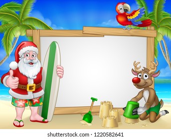 Santa Claus Christmas cartoon character in shorts and flip flops holding his surfboard on a tropical beach with his reindeer making sandcastles sign background.