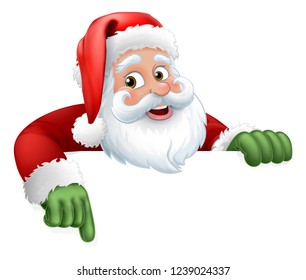 Santa Claus Christmas cartoon character above a sign pointing at it