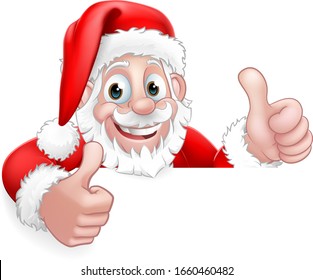 Santa Claus Christmas cartoon character peeking over a sign giving a double thumbs up. 