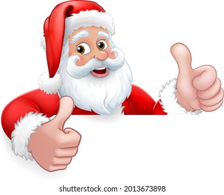 Santa Claus Christmas cartoon character peeking over a sign giving a double thumbs up.