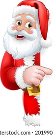 Santa Claus Christmas cartoon character peeking around the side of a sign background pointing at it with copyspace.