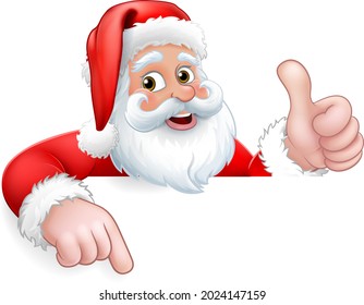 Santa Claus Christmas cartoon character peeking over a sign giving a thumbs up and pointing.