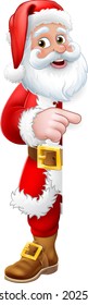 Santa Claus Christmas cartoon character peeking around the side of a sign background pointing at it with copyspace.