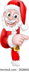 Santa Claus Christmas cartoon character peeking around the side of a sign background pointing at it with copyspace. 