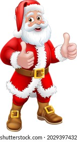 Santa Claus Christmas cartoon character standing giving a double thumbs up.