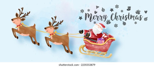 Santa Claus Christmas cartoon character riding in his sleigh pulled by a reindeer in watercolors style on blue paper pattern background.