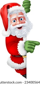 Santa Claus Christmas cartoon character peeping around a sign and pointing at it